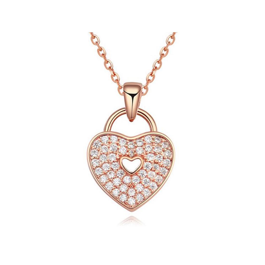 Women's Ladies 'Locked' Love Heart Necklace Pendant Crystal Stones Rose Gold UK Seller