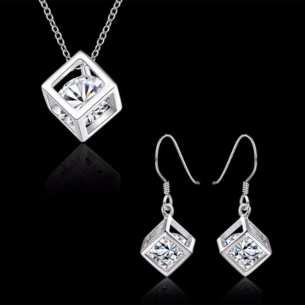 Women's Silver Cube Necklace & Earrings Set With Crystal Stone Unique Gift Stocking Filler UK