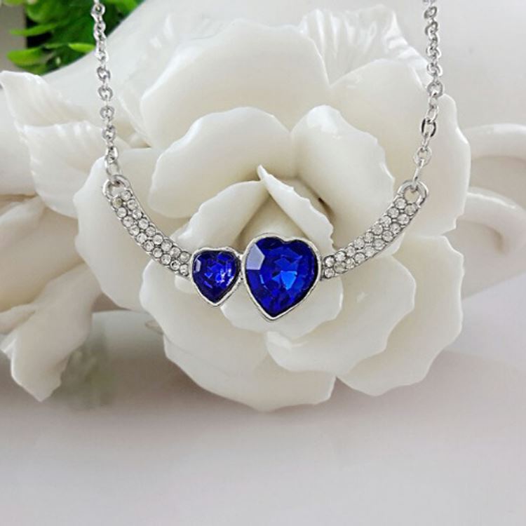 Women's Double Heart Love Dark Blue Crystal Pendant Necklace Stones UK Seller