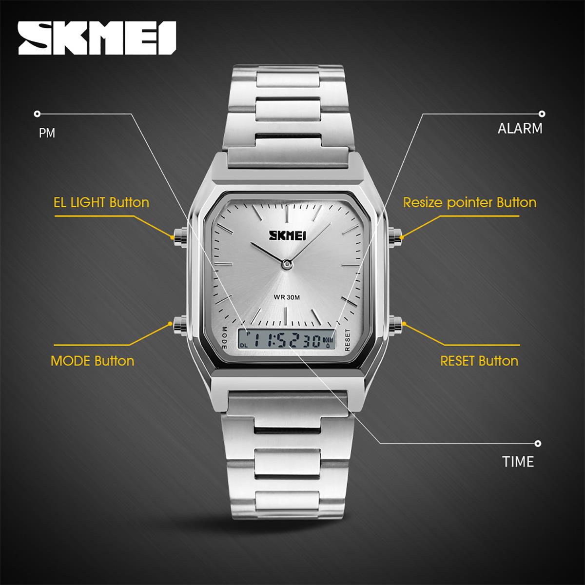 Skmei Mens Boys Classic Dual Time Digital Watch Alarm Metal Strap DG1220SI