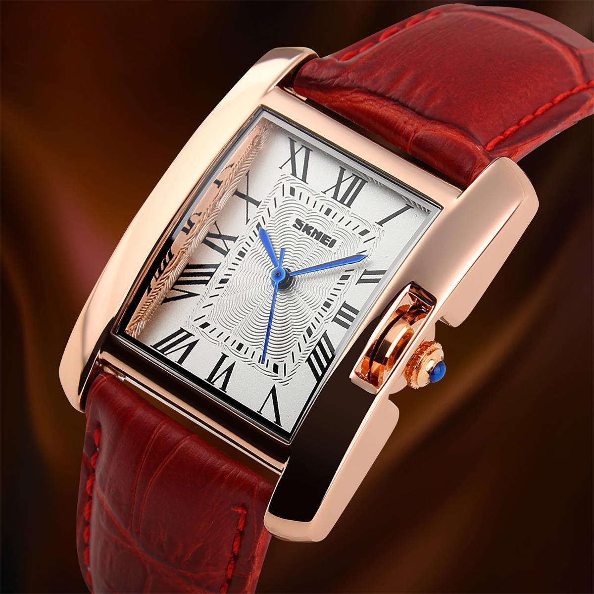 Skmei Beautiful Women's Ladies Watch Square Rose Gold Roman Numerals Genuine Leather Strap 1085R