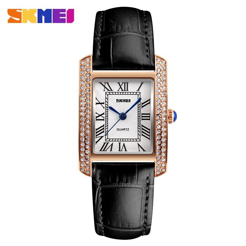 Skmei Women's Ladies Watch Classic Roman Genuine Leather Crystal Stones Black Gold