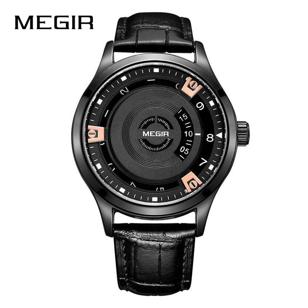 Megir Mens Round Quartz Analogue Watch Black Rose Gold Smart Watches Leather