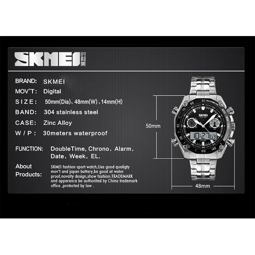 Skmei Mens Dual Time Digital And Analogue Watch With Stainless Steel Strap AD1204