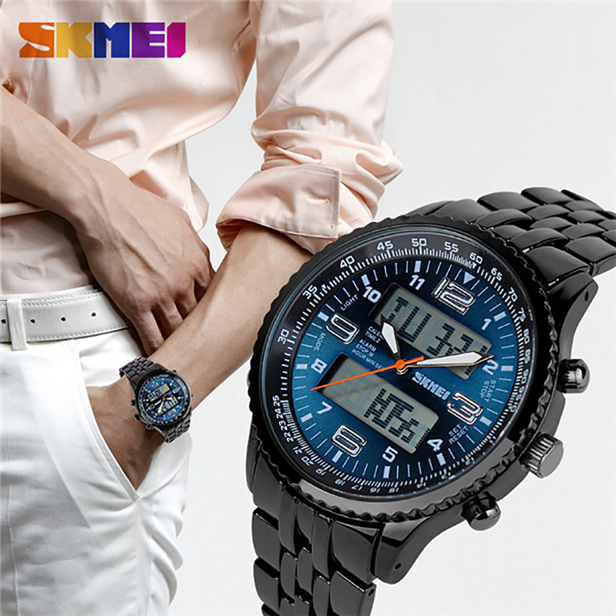 Skmei Mens Blue Large Dual Time Clear Analogue And Digital Display Watch Stopwatch Alarm 30m Water Resistant