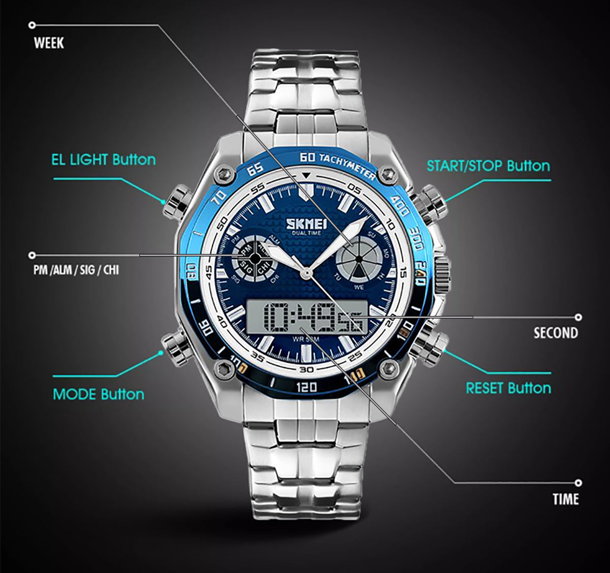 Skmei Blue Mens Dual Time Digital And Analogue Watch With Stainless Steel Strap AD1204BLU