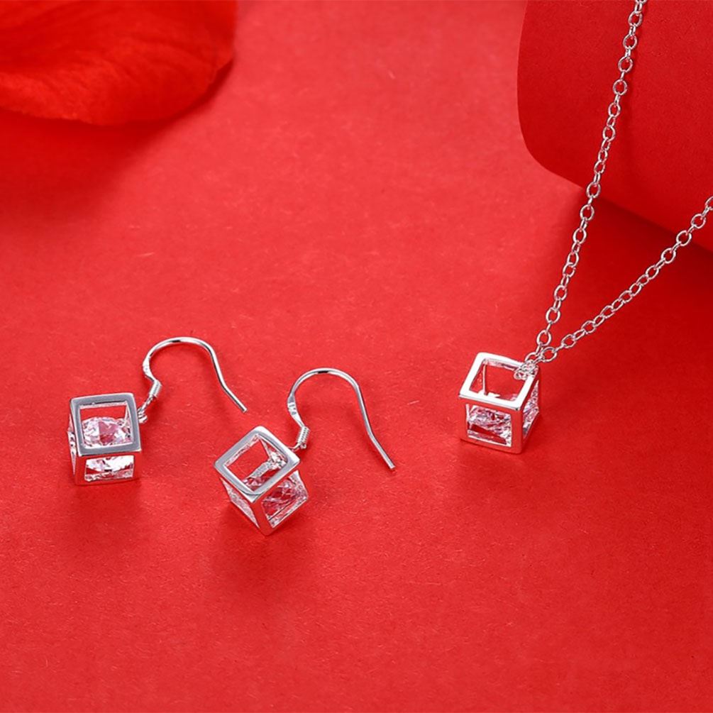 Women's Silver Cube Necklace & Earrings Set With Crystal Stone Unique Gift Stocking Filler UK