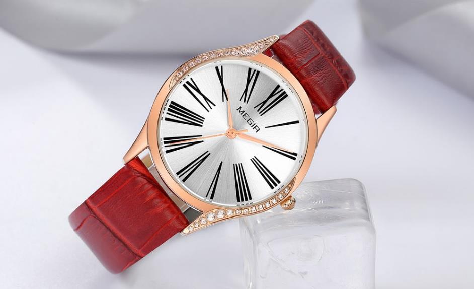 Megir Ladies Round Quartz Analogue Luxury Watch Rose Gold Watches Red Leather UK