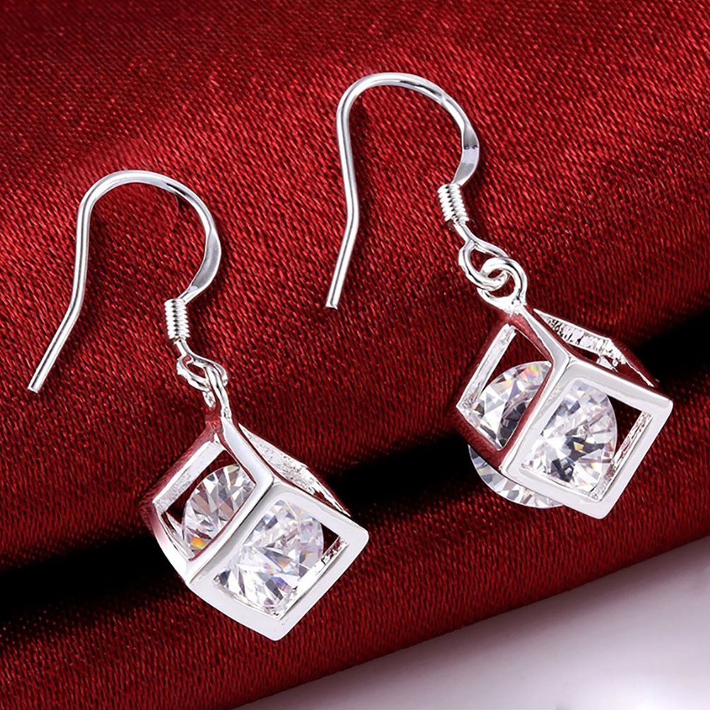 Women's Silver Cube Necklace & Earrings Set With Crystal Stone Unique Gift Stocking Filler UK