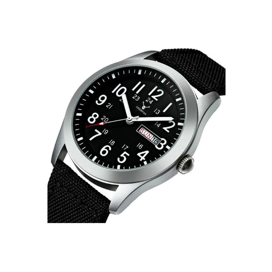 Deerfun  Mens Watch Black Silver Comfortable Material Strap With Day And Date Display