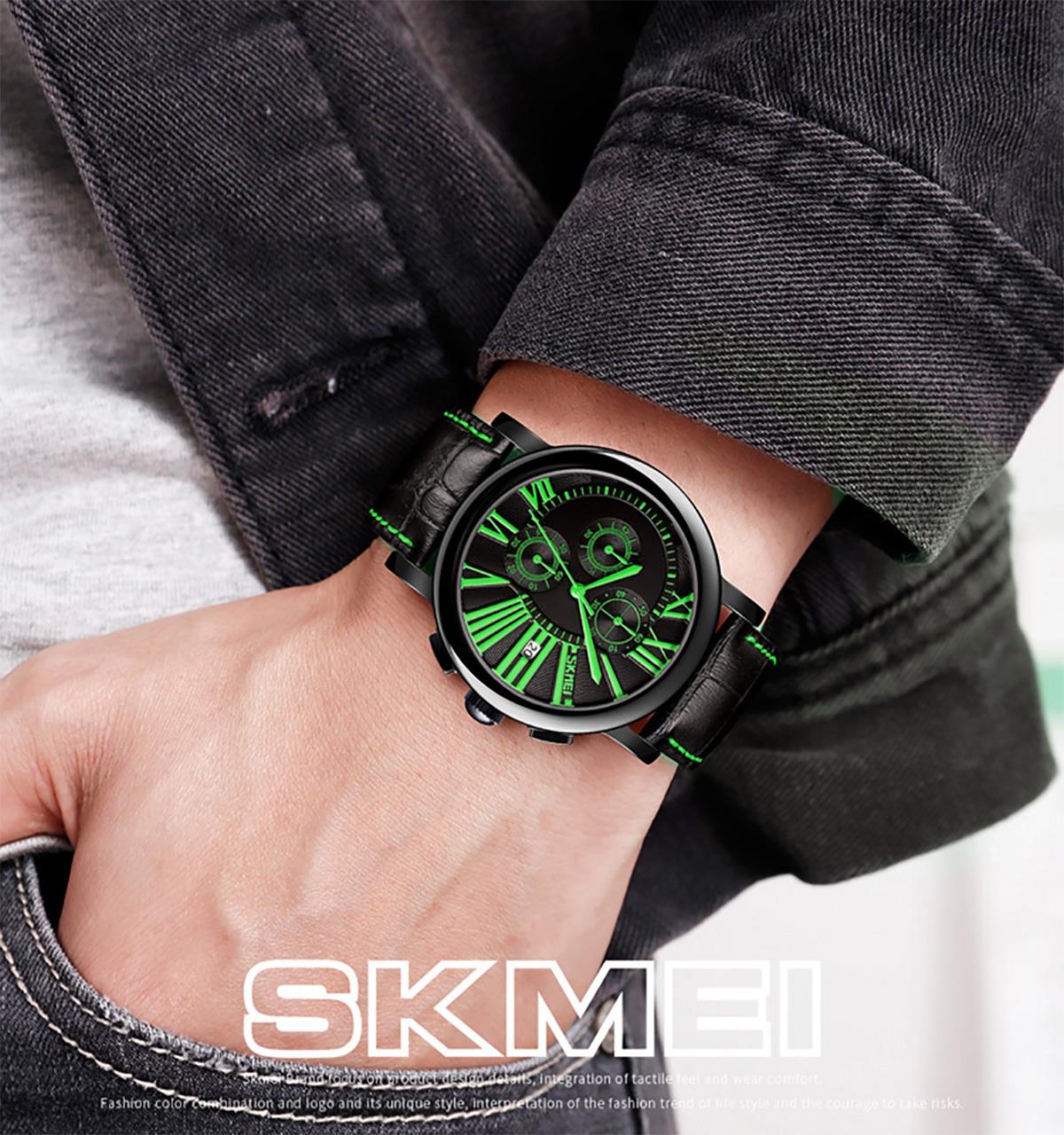 Skmei Mens Black Green Watch Chronograph Genuine Leather Strap Date Display SK9196GR