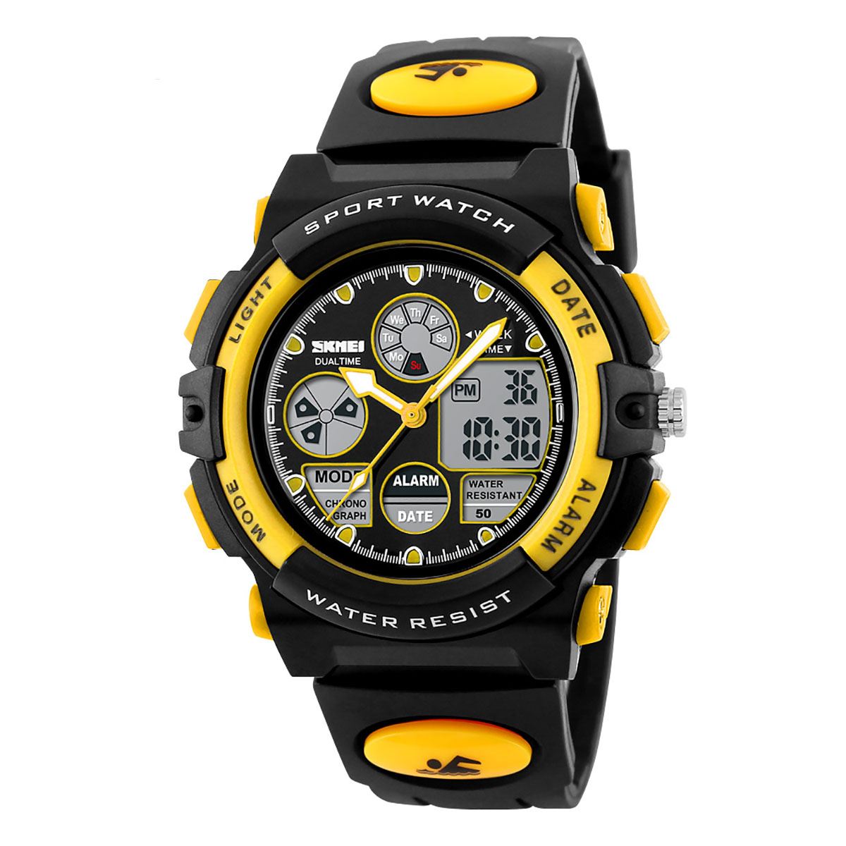 Skmei Black And Yellow Sports Kids Watch 50m Water Resistant Dual Time Display AD1163