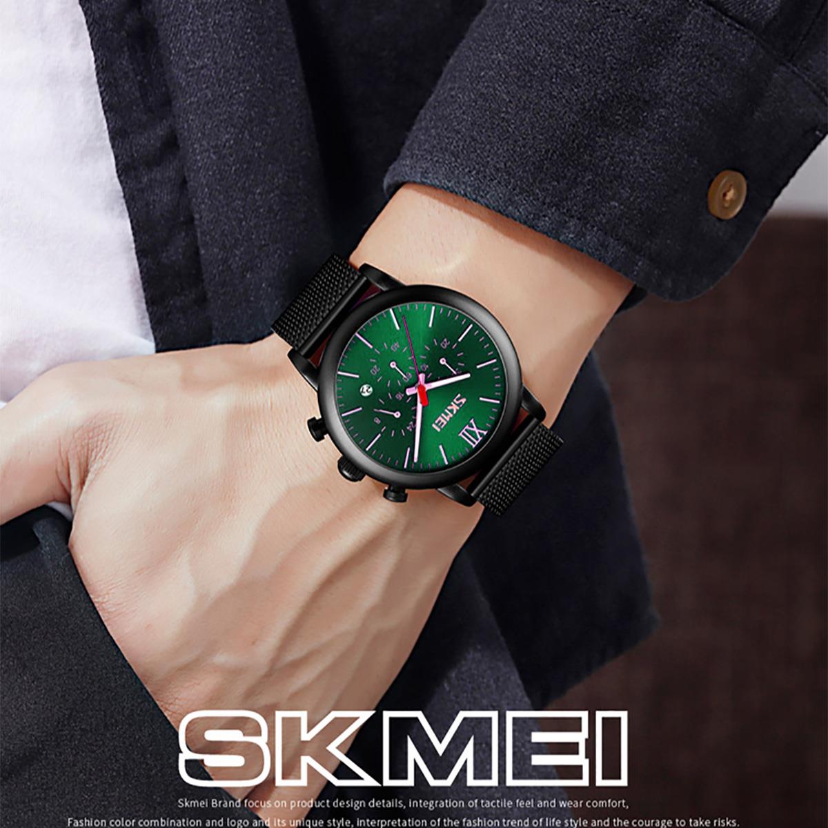 Skmei Mens Green Chronograph Quartz Watch Mesh Metal Strap Date Display SK9023