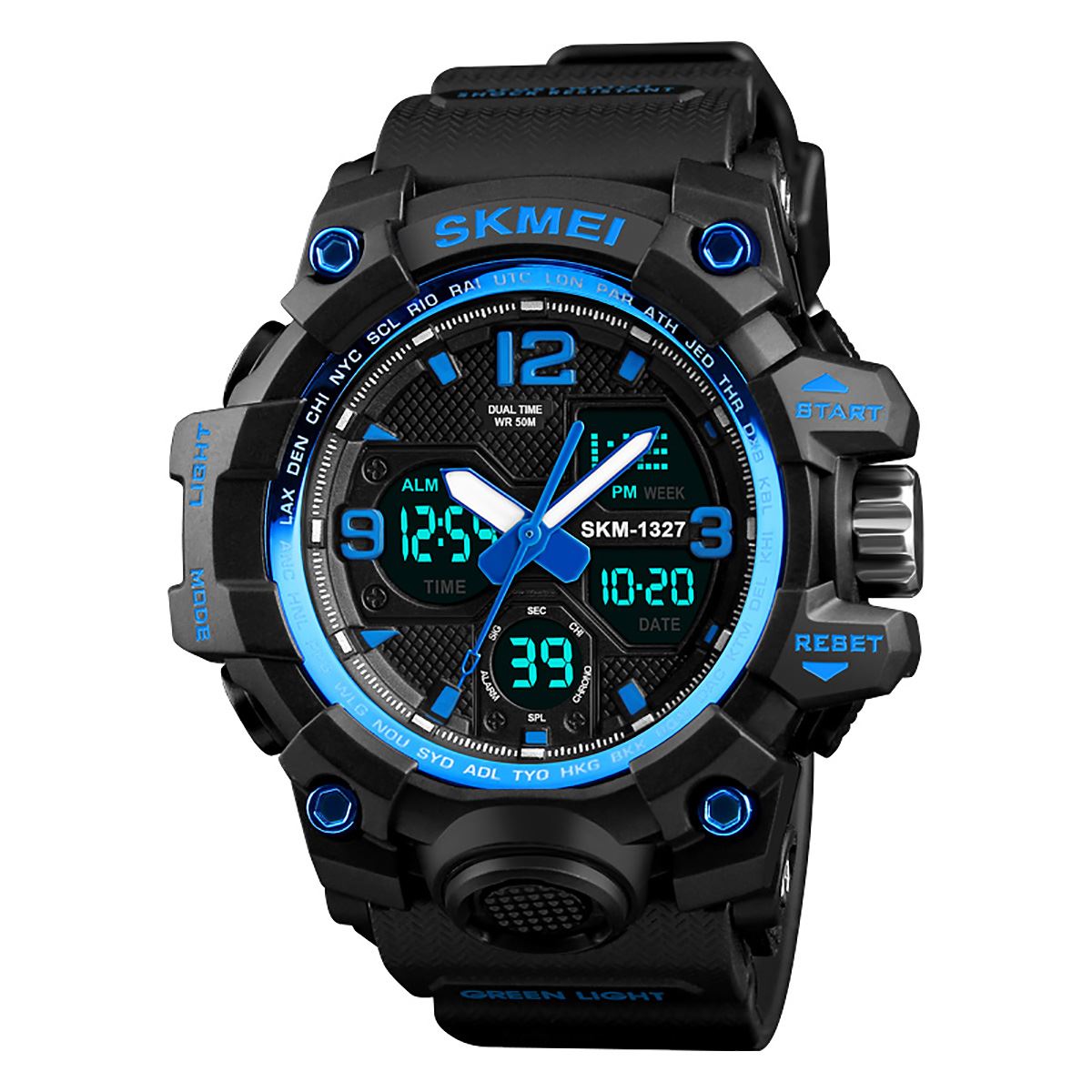 SKMEI Mens Large Dual Analogue And Digital Display Blue Watch Resin Strap Stopwatch Alarm DG1327BLU