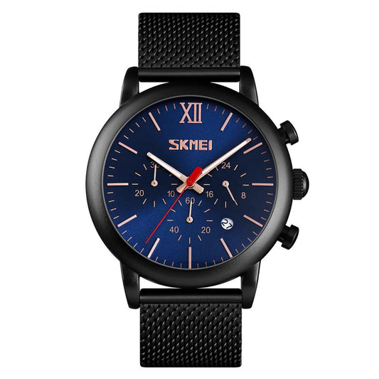 Skmei Mens Blue Chronograph Quartz Watch Mesh Metal Strap Date Display SK9023