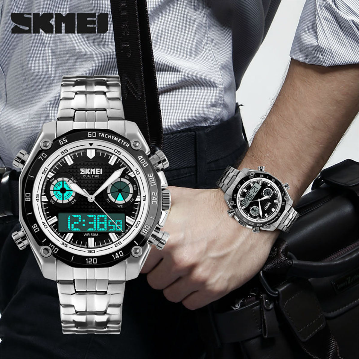 Skmei Mens Dual Time Digital And Analogue Watch With Stainless Steel Strap AD1204