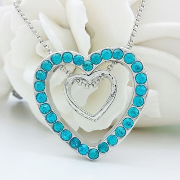 Charles William Double Silver Two Hearts Pendant Crystal Blue Stones Necklace Christmas Gift Present UK