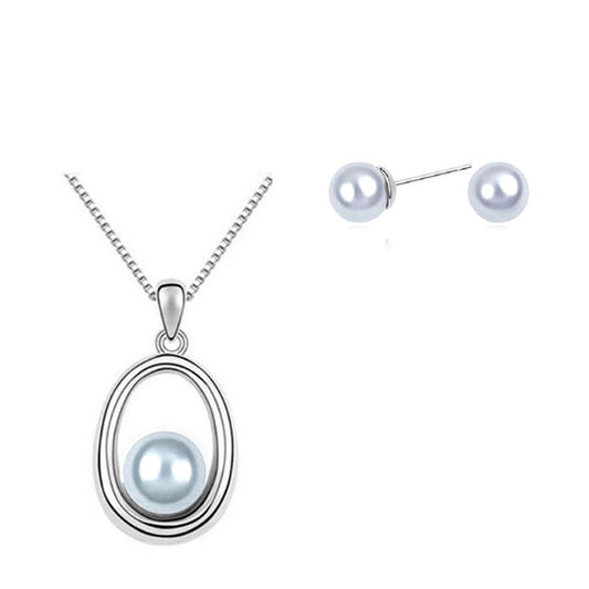 Beautiful Pearl Style Jewellery Set Pendant Necklace & Stud Earrings Silver Stone Women's Gift UK