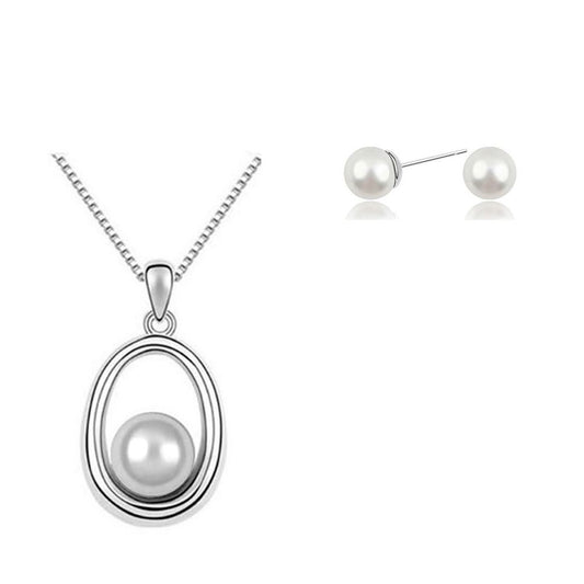 Beautiful Pearl Style Jewellery Set Pendant Necklace & Stud Earrings White Stone Women's Gift UK