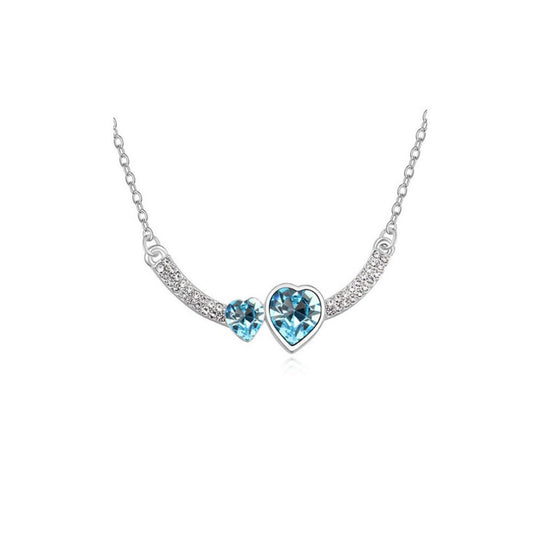 Women's Double Heart Love Sky Blue Crystal Pendant Necklace Stones UK Seller