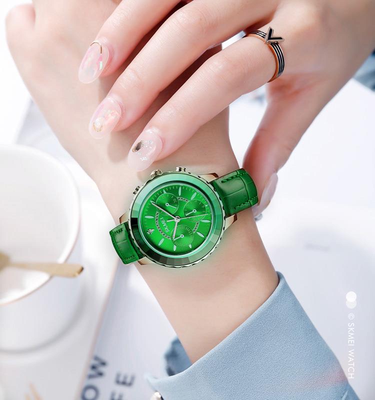 Skmei Women's Ladies Watch Classic Clear Dial Crystal Stones Leather Strap Green