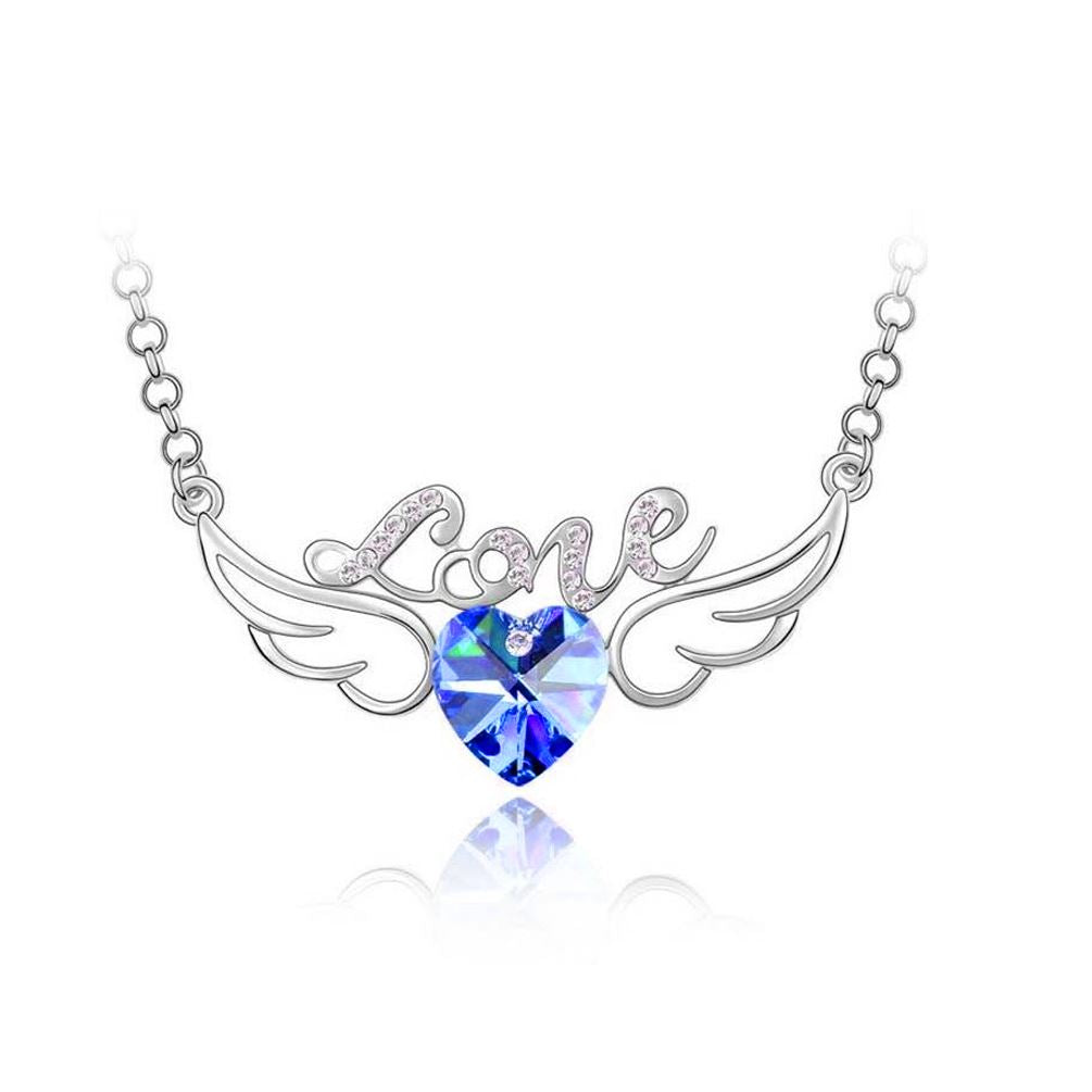 Women's Dark Blue & Silver 'Love' Pendant Necklace Angel Wings Crystal Stones Unique UK