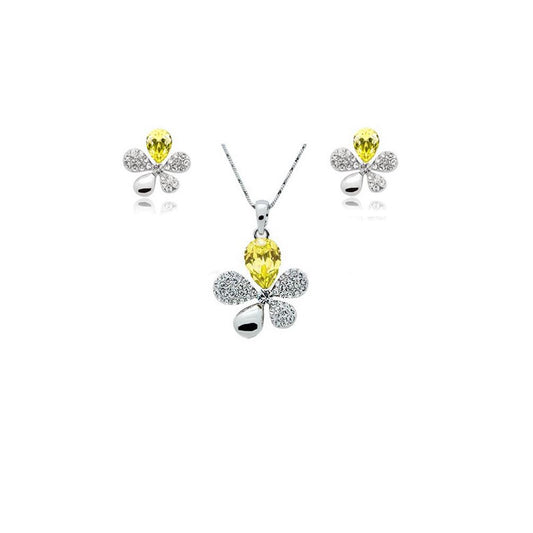 Yellow Crystal Stones Flower Petal Leaf Earrings  & Necklace Set Gift Present UK Seller