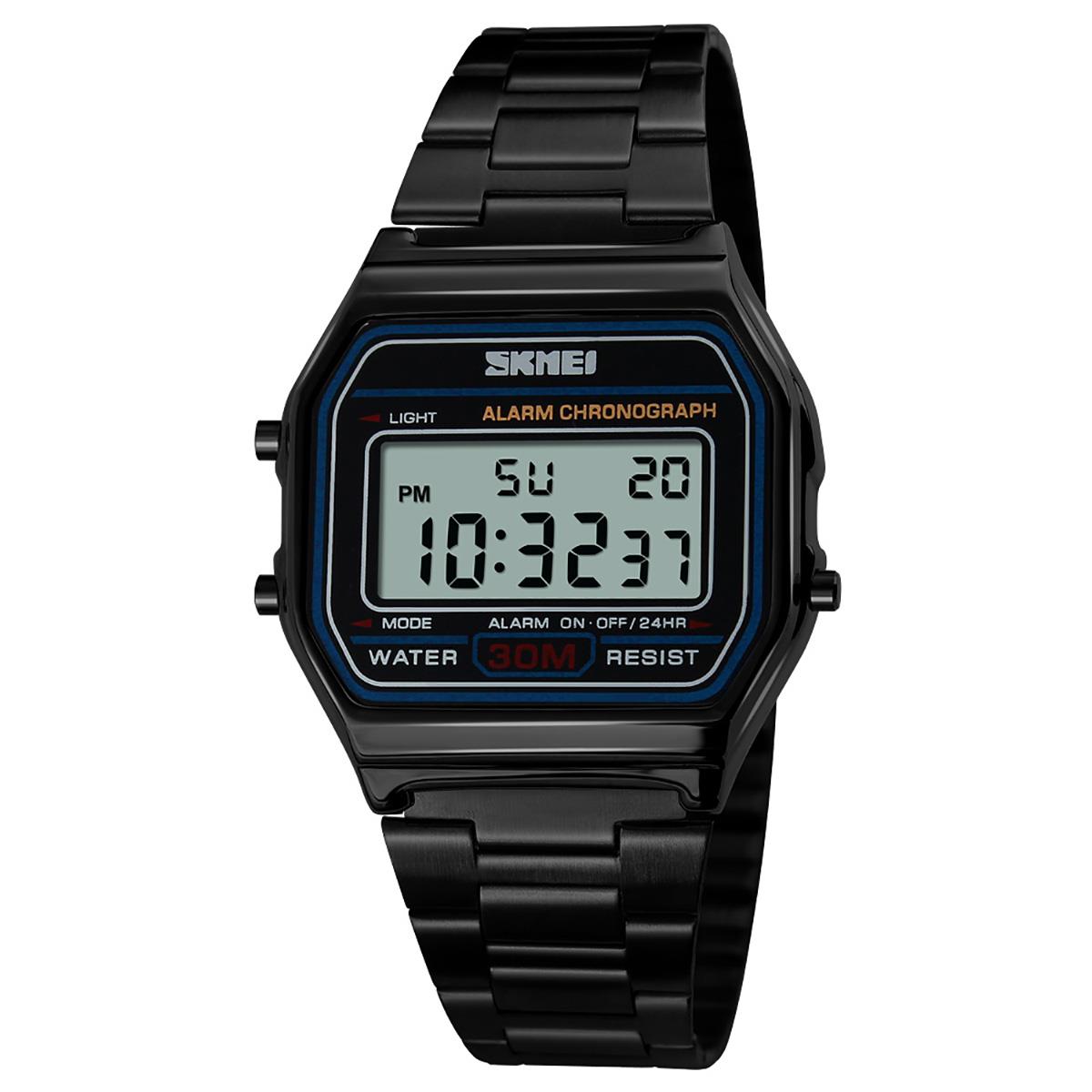 Skmei Mens Classic Clear Digital Watch Retro Alarm Metal Strap Date Black