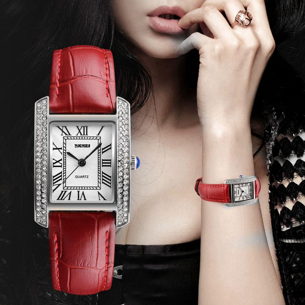 Skmei Women's Ladies Watch Classic Roman Genuine Leather Crystal Stones Red Silver