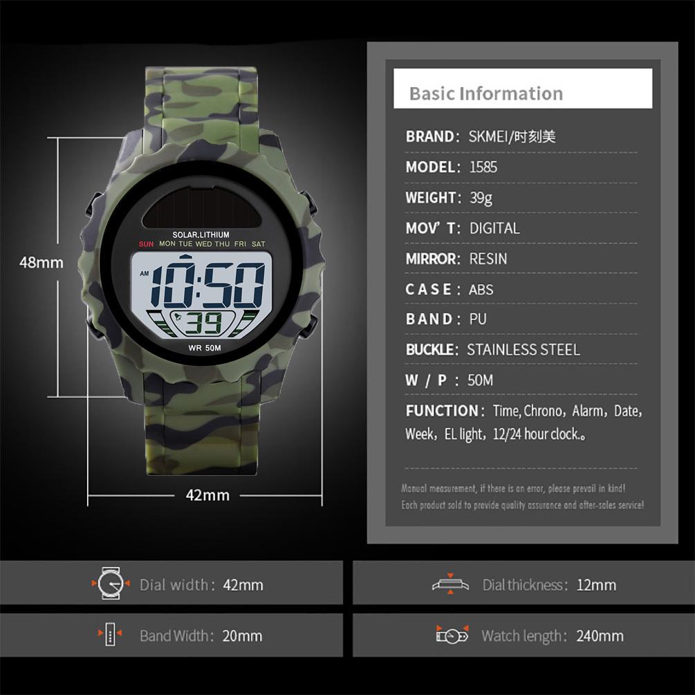 Skmei Mens Solar Powered Digital Watch ResinStrap Alarm Stopwatch Camo Green Light