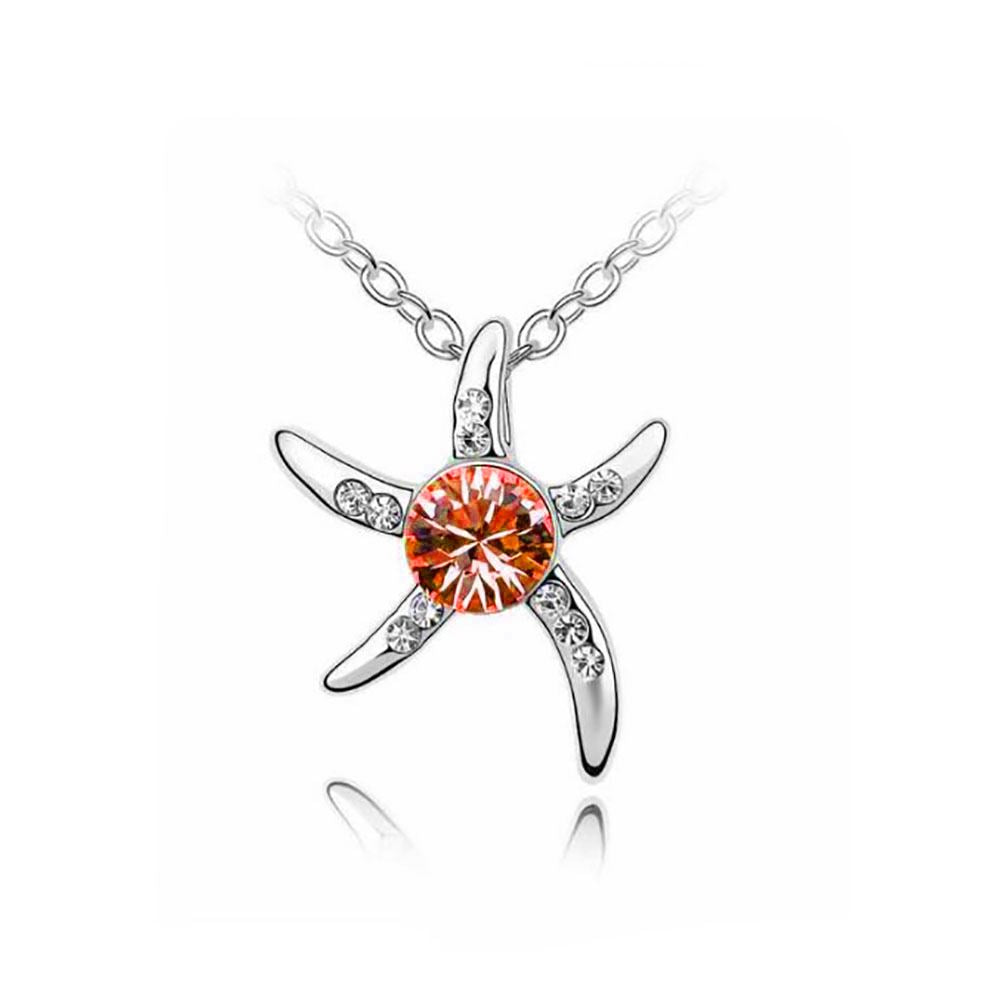 Women's Silver Starfish Necklace & Earrings Set Orange Crystal Stone Gift UK