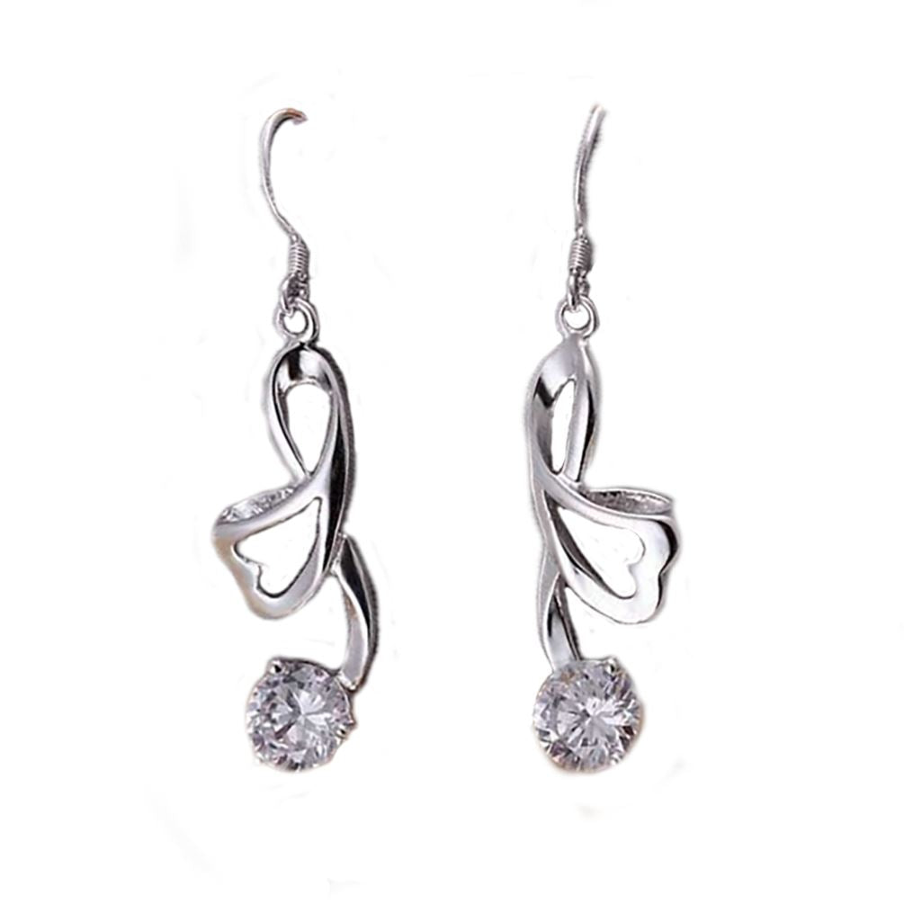 Women's Girls Stunning Silver Heart Ribbon Style Earrings With Sparkling Crystal Stone