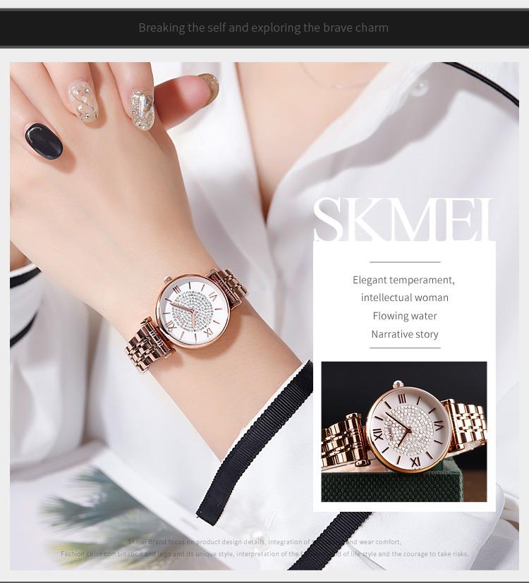 Skmei Women's Watch Rose Gold Classic Sparkle Clear Dial Crystal Stones Stainless Steel Strap