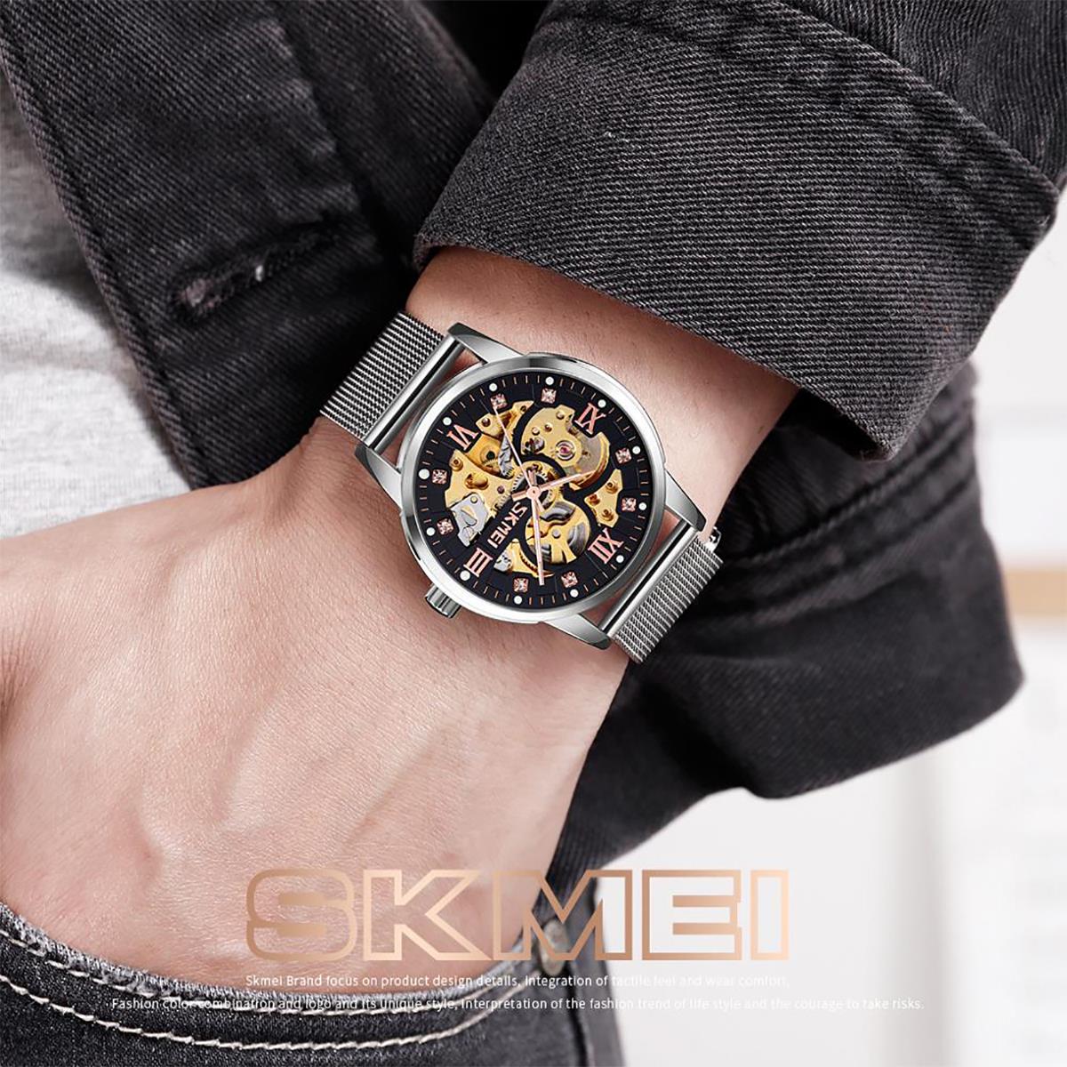 Skmei Mens Silver Automatic Movement Skeleton Steampunk Watch Metal Mesh Strap With Crystal Stone Encrusted Hour Markers Collector SK9199