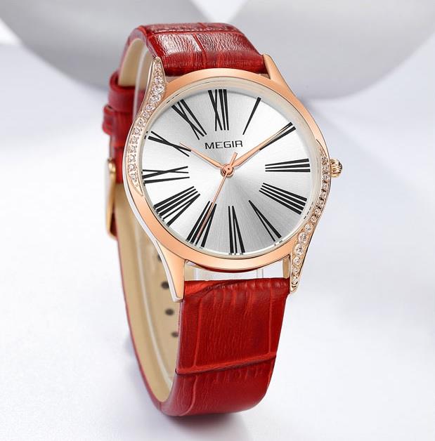 Megir Ladies Round Quartz Analogue Luxury Watch Rose Gold Watches Red Leather UK