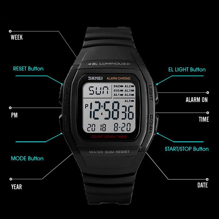 Skmei Mens Digital Clear Display Watch 5 Alarms Stopwatch Countdown Black UK Seller