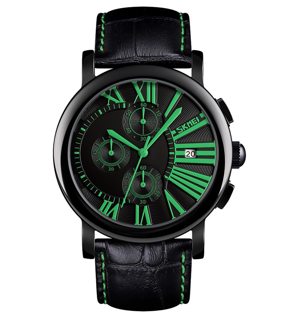 Skmei Mens Black Green Watch Chronograph Genuine Leather Strap Date Display SK9196GR