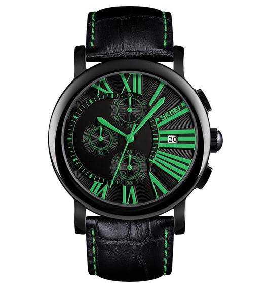 Skmei Mens Black Green Watch Chronograph Genuine Leather Strap Date Display SK9196GR