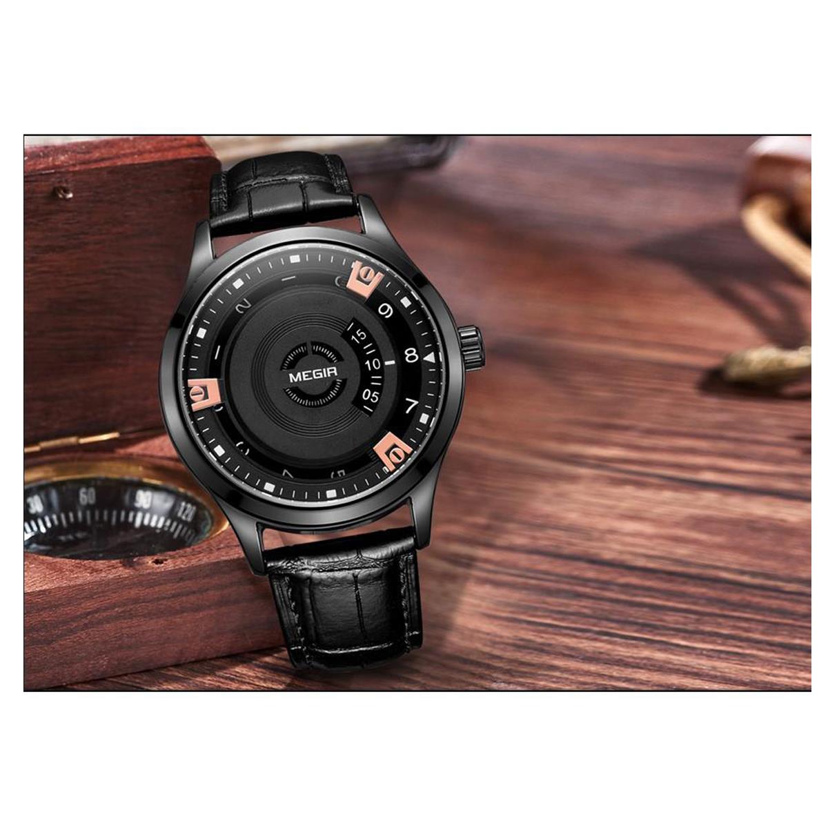 Megir Mens Round Quartz Analogue Watch Black Rose Gold Smart Watches Leather