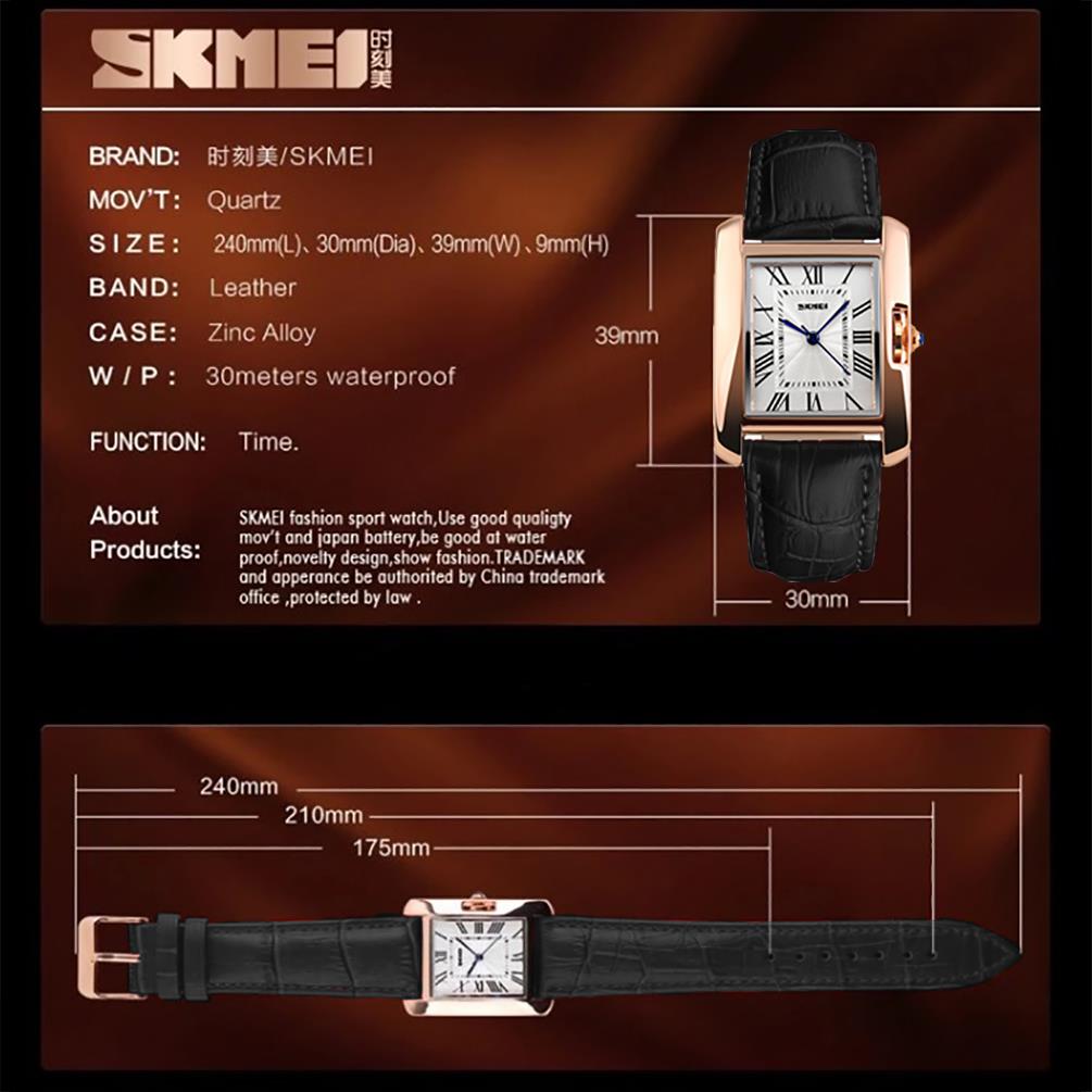 Skmei Women's Ladies Watch Square Rose Gold Roman Numerals Genuine Leather Strap Black