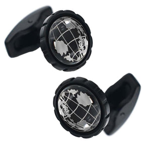 Charles William Round Silver Black Globe Map Cufflinks