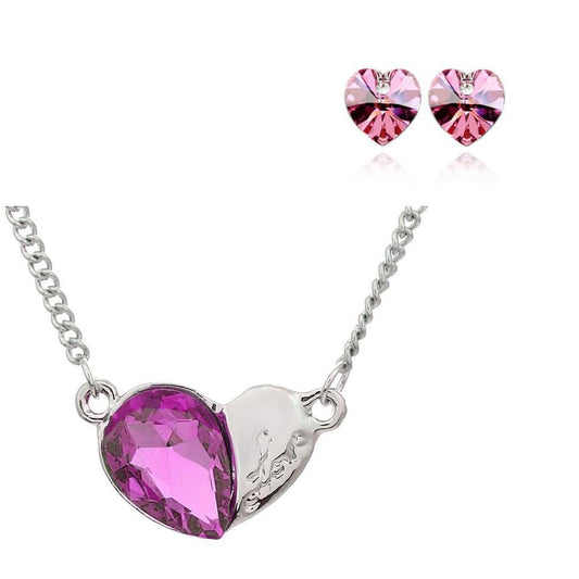 Women's Light Pink Pendant Heart Jewellery Necklace & Earrings Set from Charles William