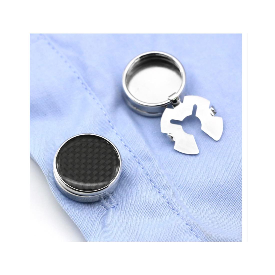 Carbon Black Fibre Cufflinks Button Cover Shirt Fashion Smart Silver Present