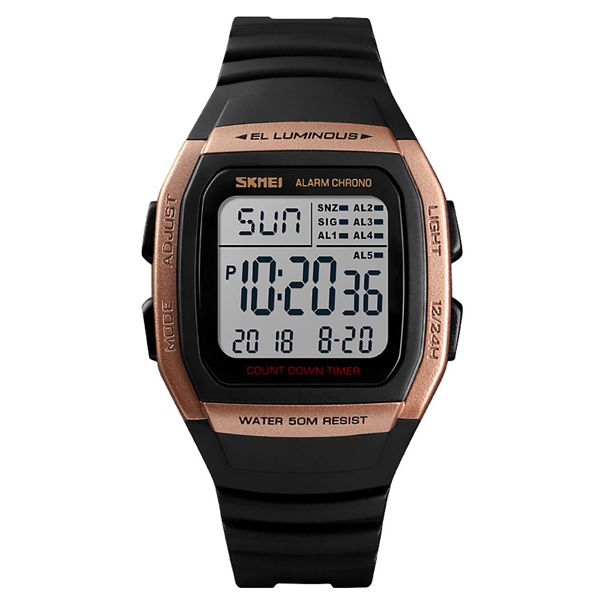 Skmei Mens Digital Clear Display Watch 5 Alarms Stopwatch Countdown Rose Gold