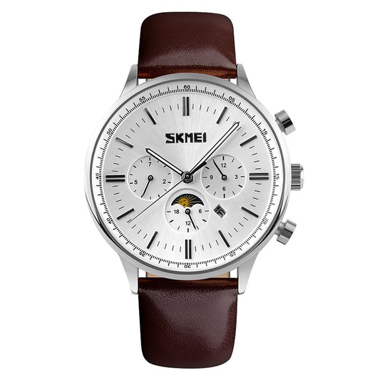 Skmei Beautiful Quartz Mens Watch Multi Dial Sun Moon Dial Brown Leather Strap 9117S