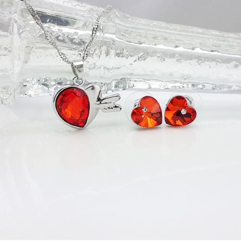 Charles William Love Hearts Silver Elegant Drop Earrings & Necklace Jewellery Set Orange