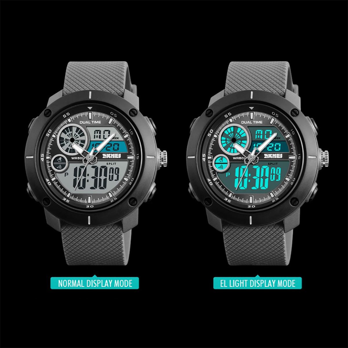 SKMEI Mens Black Dual Time Very Large Digital And Analogue Watch With Rubber Strap DG1361