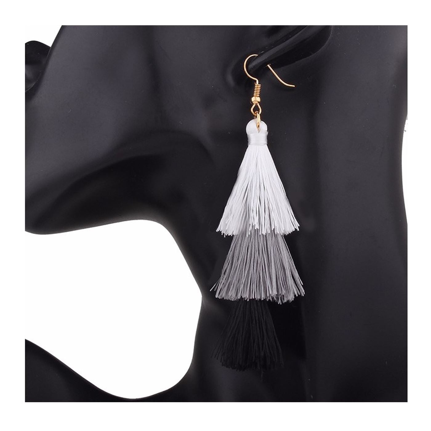 Layered Black White Tassle Tassel Earrings Dress Present Gift Ladies Girls Woman