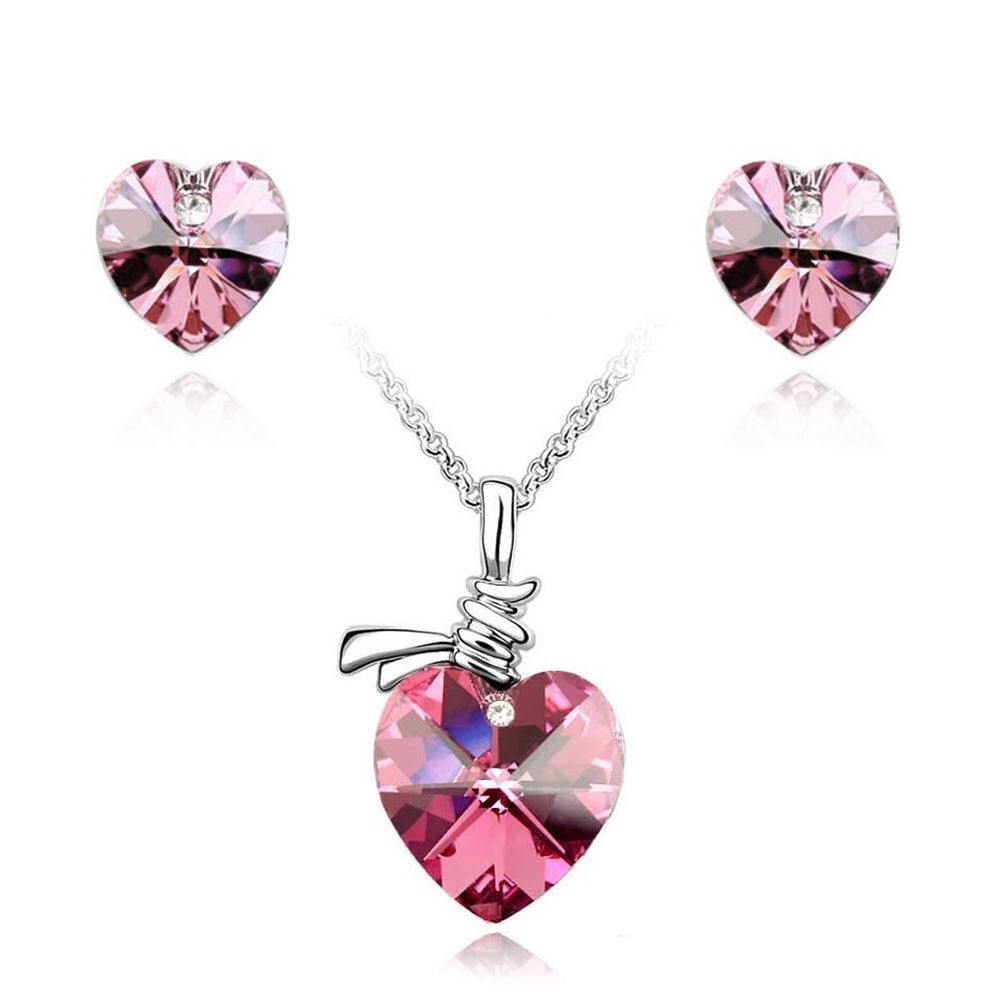 Women's Crystal Stone Love Heart Pendant Necklace & Earrings Gift Set UK