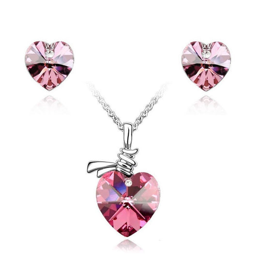 Women's Crystal Stone Love Heart Pendant Necklace & Earrings Gift Set UK